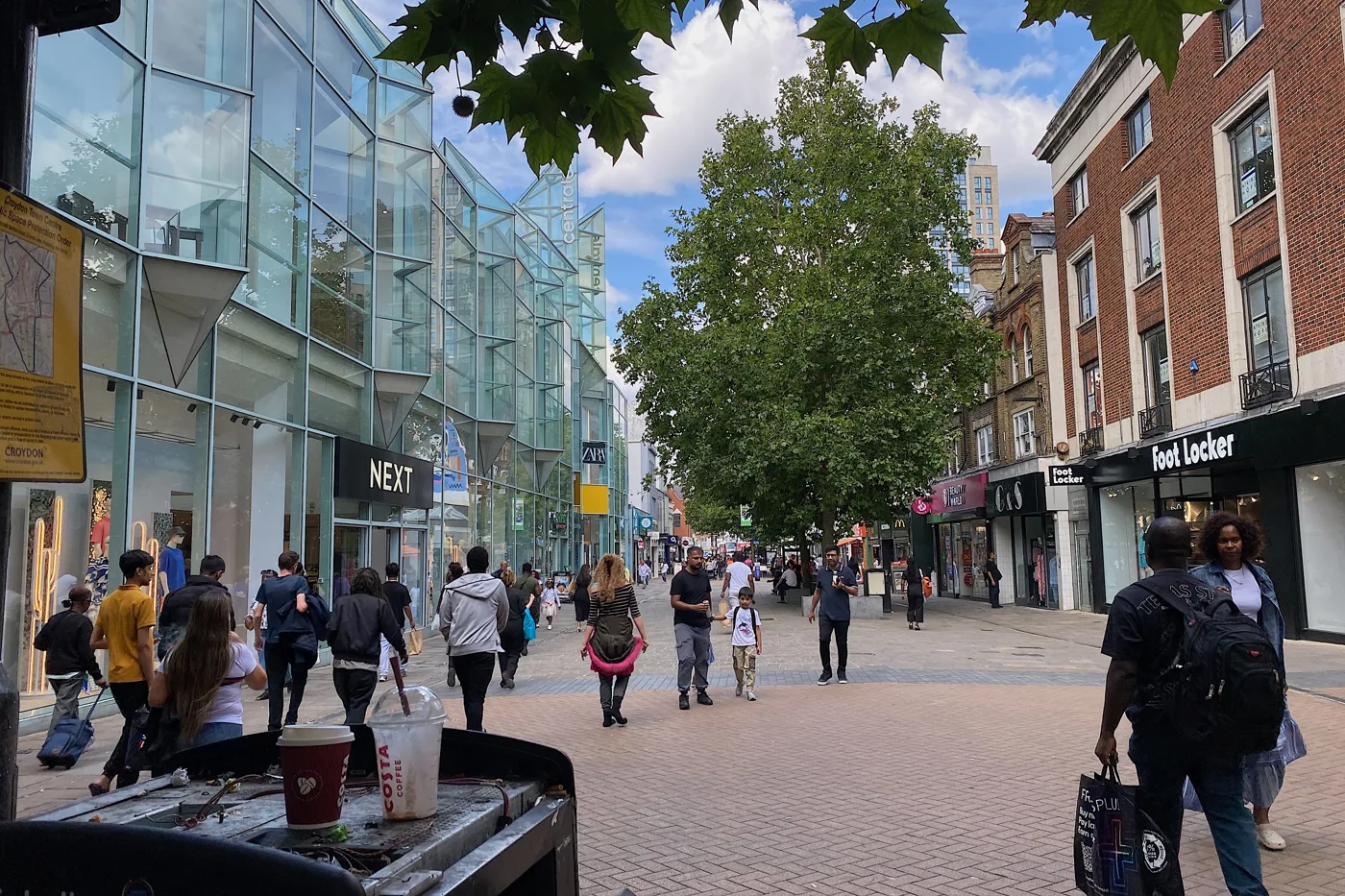 North End, Croydon, looking north past Centrale. The town centre Christmas tree, two selfie installations and the lighting projections all go up along this street.
