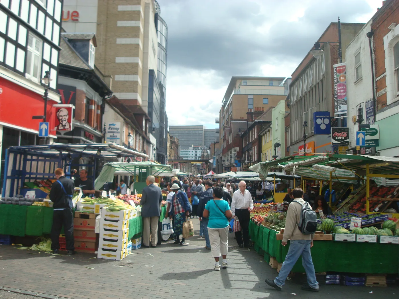 Surrey Street market, Croydon. It trades as normal on the Saturday of Croydon Harvest and at reduced scale on the Sunday, with festival food trucks alongside.
